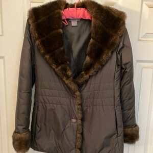 Bill Blass Dark Brown Puffer Jacket with Faux Fur Trim